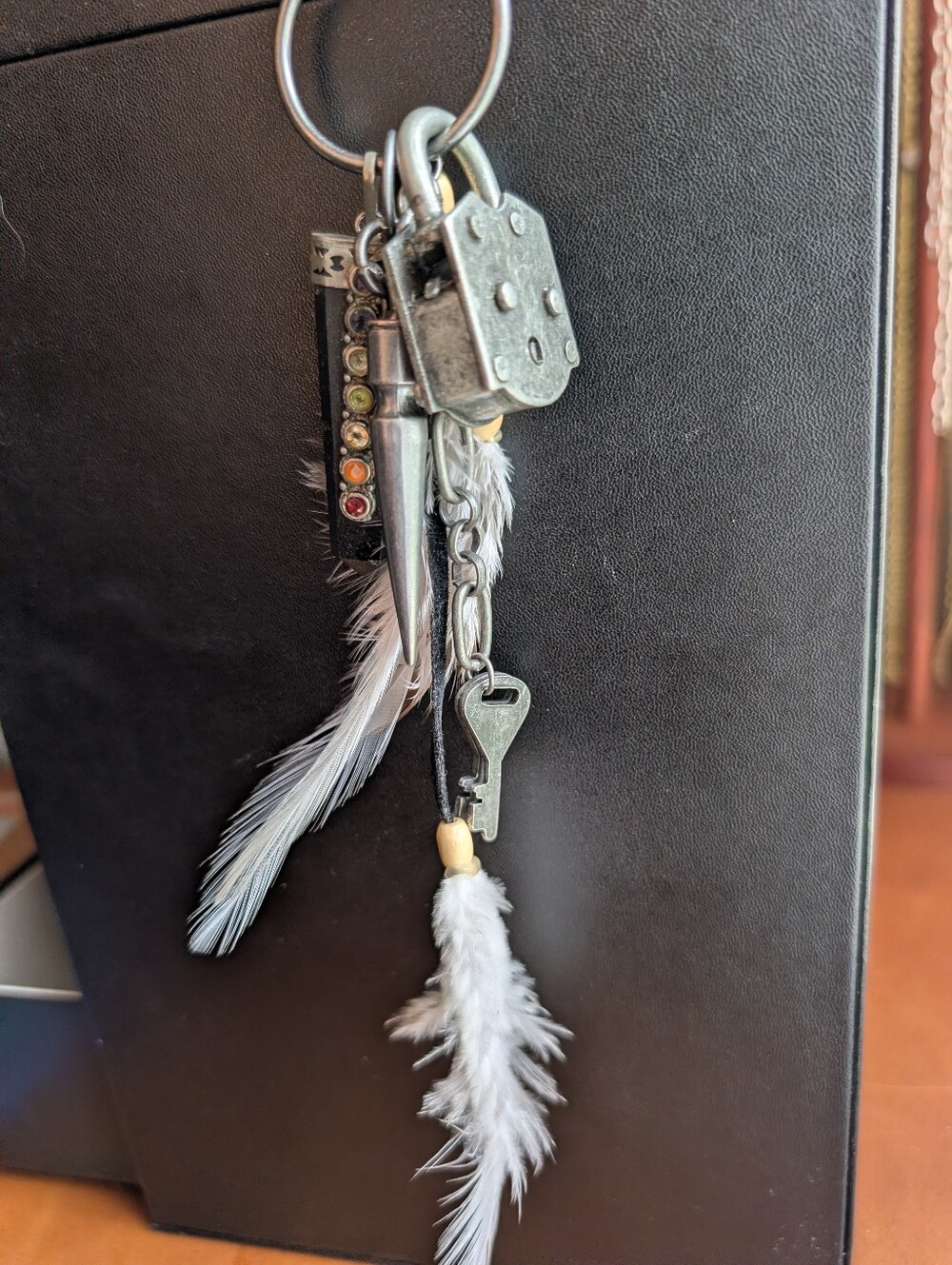 Vintage Industrial Bag Charm Gunmetal Keychain with Feathers & Lock - Picture 7 of 8